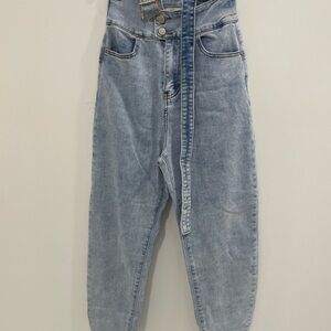 Hello Miss Light Blue Denim Jeans with One-sided Asymmetrical Suspender